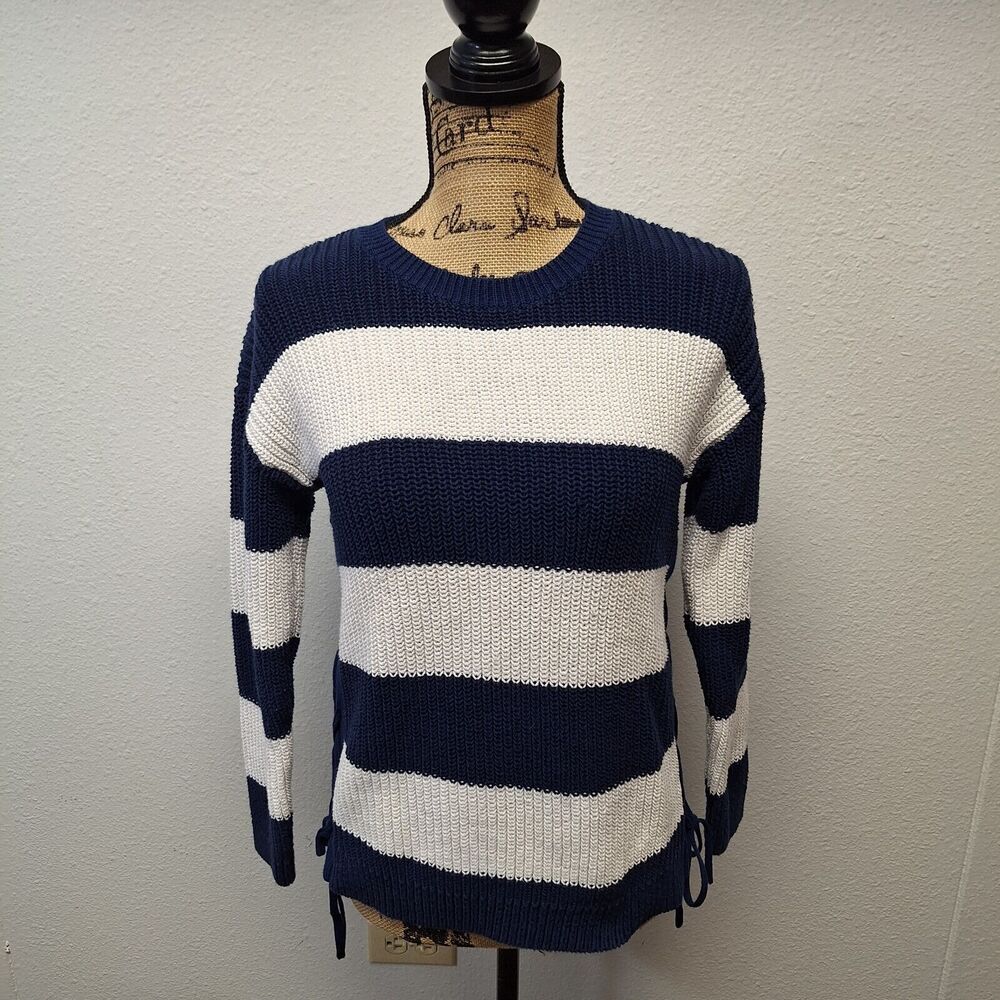Talbots Crew Neck Pullover Sweater Knit Cotton Stripe Blue White Women's Size Mp